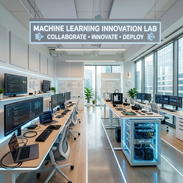 A bright, modern corporate innovation lab specializing in machine learning. Clean light mode aesthetics with subtle glow elements. No people.